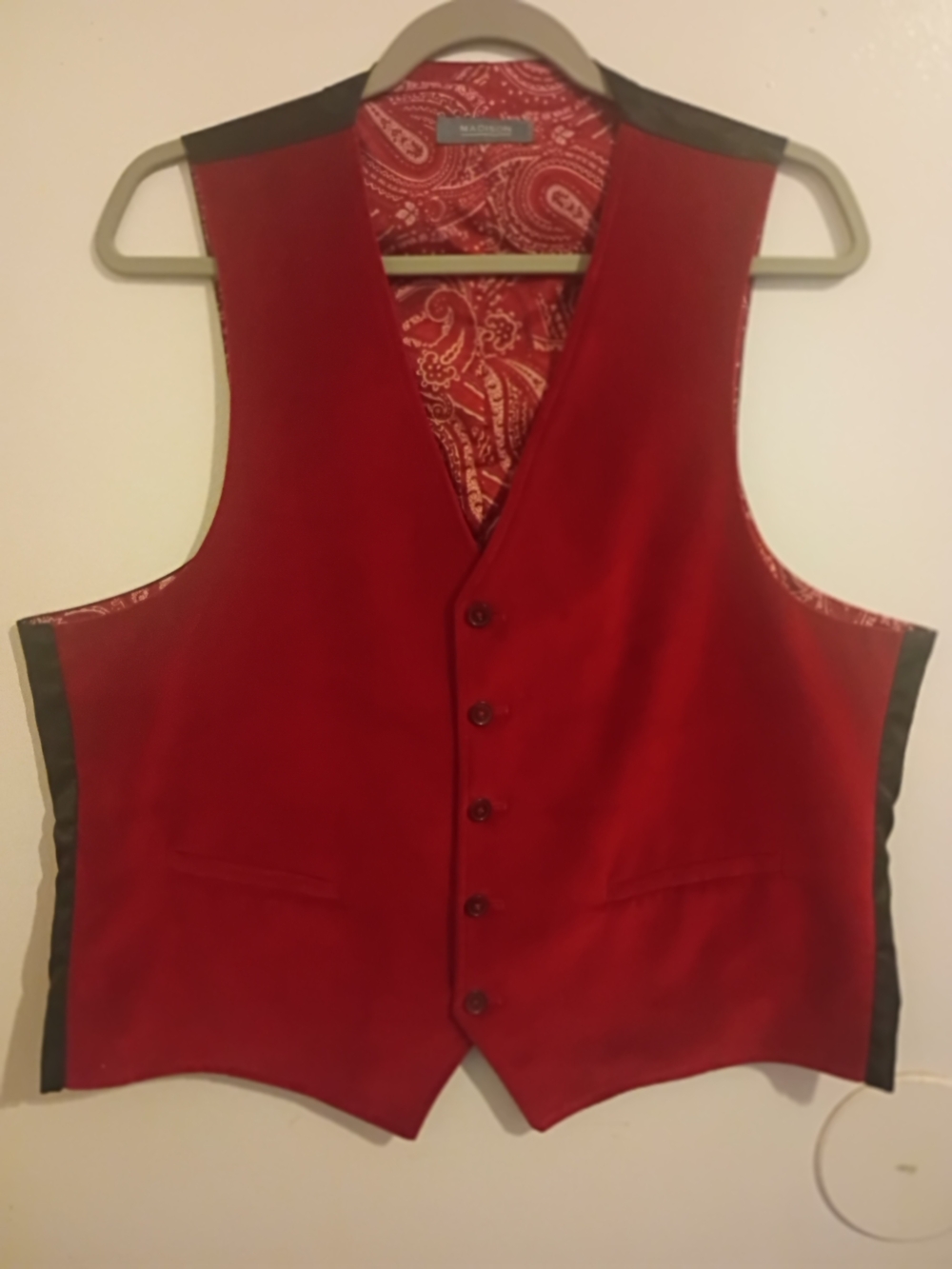 Madison Men's Red Velvet Dress Vest with Paisley Lining Sz L